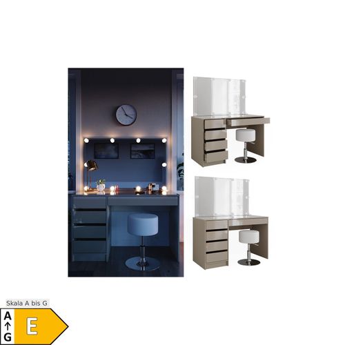 4066731412341 - Livinity Schminktisch Sherry Greige Hochglanz 120 x 75 cm 5 Schubladen Spiegel Hocker LED