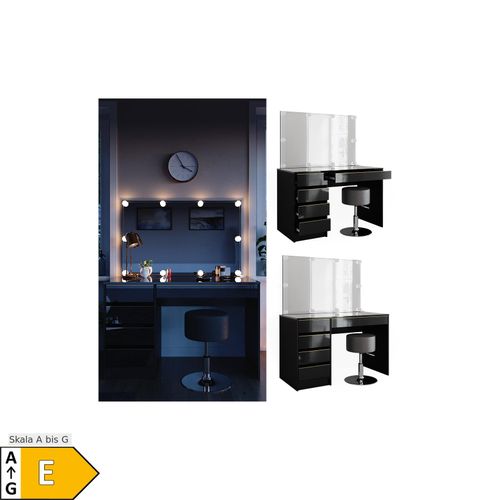 4066731412495 - Livinity Schminktisch Sherry Schwarz Hochglanz Gold 120 x 75 cm 5 Schubladen Spiegel Hocker LED