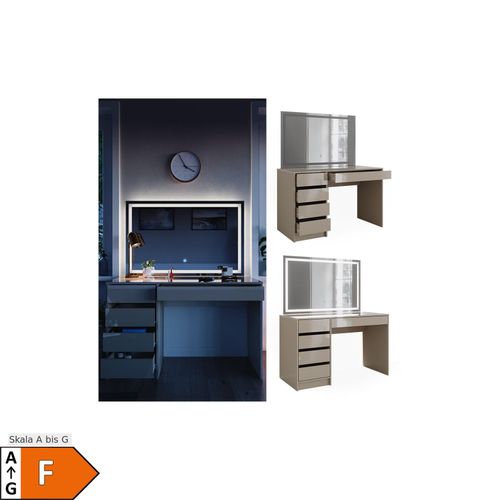 4066731412358 - Livinity Schminktisch Sherry Greige Hochglanz 120 x 75 cm 5 Schubladen LED-Spiegel