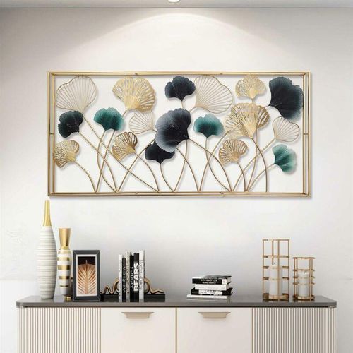 4260772025731 - Dekoleidenschaft - 3D Wandbild Ginkgo aus Metall in gold anthrazit türkis 125x60 cm Wanddeko Wandschmuck