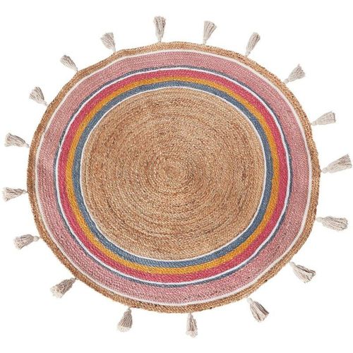 4255664863409 - Beliani - Teppich Beige   Bunt Jute Rund ⌀ 120 cm Kurzflor mit Kreisen Quasten Streifenmuster Handgewebt Boho für Fußbodenheizung Wohnzimmer Esszimmer