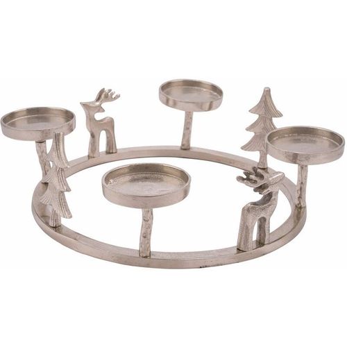 4262371531064 - Spetebo - Alu Adventskranz silber mit 3D Figuren - 33 cm - Kerzenhalter aus Aluminium für 4 Stumpenkerzen oder Kugelkerzen - Tischdeko Advents Kerzen