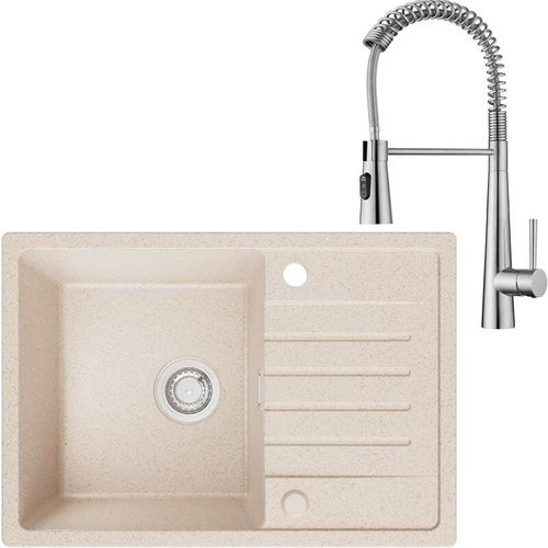 0745259356682 - Spülbecken Küche Beige mit Armatur Edelstahl 65 x 45 cm Küchenspüle aus Granit Spüle Küche Waschbecken Küche mit Reversible Installation