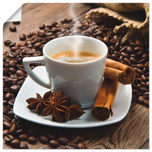 4055327783026 - Wandbild ARTLAND Kaffeetasse Leinensack mit Kaffeebohnen Bilder Gr B H 50 cm x 50 cm Poster Getränke quadratisch 1 St braun Kunstdrucke als Leinwandbild Wandaufkleber oder Poster in versch Größen