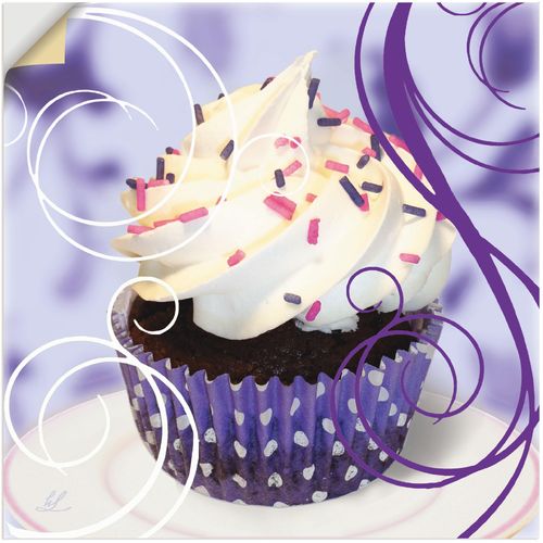 4057738218777 - Wandbild ARTLAND Cupcake auf violett - Kuchen Bilder Gr B H 70 cm x 70 cm Wandaufkleber - Vinyl Süßspeisen quadratisch 1 St weiß Kunstdrucke als Alubild Leinwandbild Wandaufkleber oder Poster in versch Größen