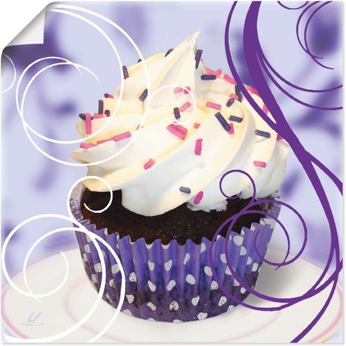 4055327280709 - Wandbild ARTLAND Cupcake auf violett - Kuchen Bilder Gr B H 30 cm x 30 cm Poster Süßspeisen quadratisch 1 St weiß Kunstdrucke als Alubild Leinwandbild Wandaufkleber oder Poster in versch Größen