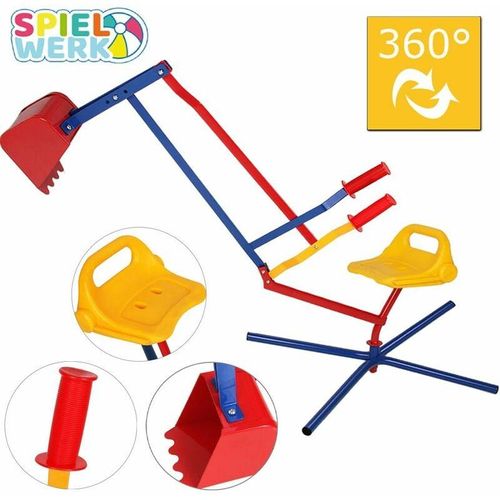 4250525320336 - Spielwerk® Sandbagger Sitzbagger 125x65x60cm Kippschaufel 360° Radius bis 40kg Metall Sandkastenbagger Sandspielzeug Sandkasten