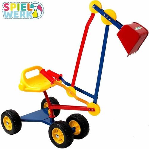 4250525324075 - Spielwerk® Sitzbagger 360° Radius Schwenk- und Greiffunktion bis 50kg Sandkasten Aufsitzbagger Reifen Schaufel Kinder Spielzeug ab 3 Jahren Metall