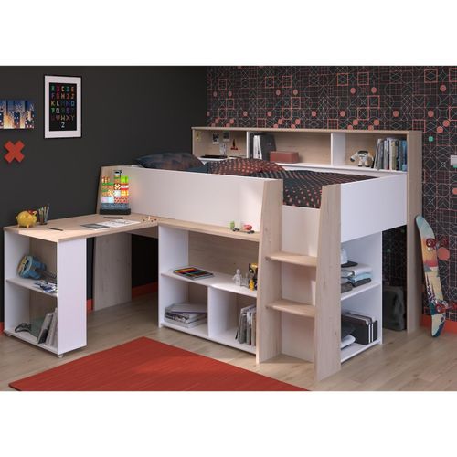 3480940299523 - Vente-unique - Kombibett - 90 x 200 cm - mit Schreibtisch & Stauraum - Weiß & Holzfarben - apolino
