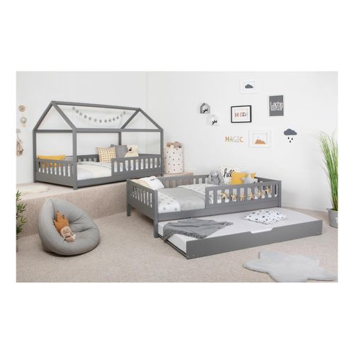 4251105972105 - TiCAA 2 in 1 TiCAA Hausbett Bodenbett wandelbar mit abnehmbaren Dach Duo 90x200 cm für Jungen & Mädchen inkl Rolllattenrost Zusatzbett und Rausfallschutz variabel Montessori Bett weiß aus Kiefer Massivholz