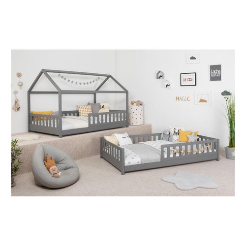 4251105971719 - TiCAA 2 in 1 TiCAA Hausbett Bodenbett wandelbar mit abnehmbaren Dach Duo 90x200 cm 100x200 cm 120x200 cm 140x200 für Jungen & Mädchen inkl Rolllattenrost Rausfallschutz variabel Montessori Bett weiß aus Kiefer Massivholz