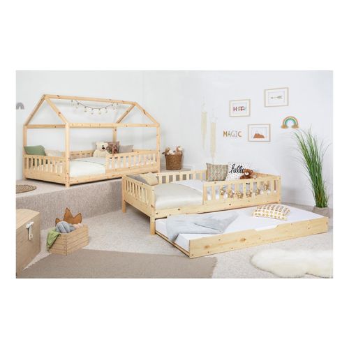 4251105972242 - TiCAA 2 in 1 TiCAA Hausbett Bodenbett wandelbar mit abnehmbaren Dach Duo 90x200 cm für Jungen & Mädchen inkl Rolllattenrost Zusatzbett und Rausfallschutz variabel Montessori Bett weiß aus Kiefer Massivholz