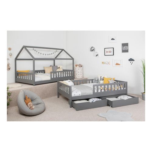 4251105971863 - TiCAA 2 in 1 TiCAA Hausbett Bodenbett wandelbar mit abnehmbaren Dach Duo 90x200 cm für Jungen & Mädchen inkl Rolllattenrost Schubkasten und Rausfallschutz variabel Montessori Bett weiß aus Kiefer Massivholz