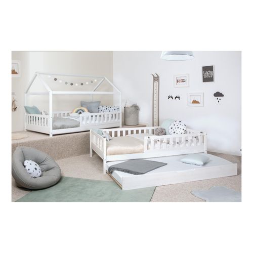 4251105972266 - TiCAA 2 in 1 TiCAA Hausbett Bodenbett wandelbar mit abnehmbaren Dach Duo 90x200 cm für Jungen & Mädchen inkl Rolllattenrost Zusatzbett und Rausfallschutz variabel Montessori Bett weiß aus Kiefer Massivholz