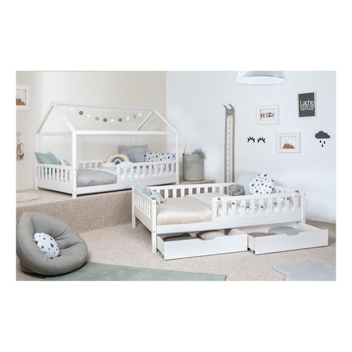 4251105971962 - TiCAA 2 in 1 TiCAA Hausbett Bodenbett wandelbar mit abnehmbaren Dach Duo 90x200 cm für Jungen & Mädchen inkl Rolllattenrost Schubkasten und Rausfallschutz variabel Montessori Bett weiß aus Kiefer Massivholz 4251105971962 - TiCAA 2 in 1 TiCAA Hausbett Bodenbett wandelbar mit abnehmbaren Dach Duo 90x200 cm für Jungen & Mädchen inkl Rolllattenrost Schubkasten und Rausfallschutz variabel Montessori Bett weiß aus Kiefer Massivholz