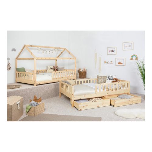 4251105971917 - TiCAA 2 in 1 TiCAA Hausbett Bodenbett wandelbar mit abnehmbaren Dach Duo 90x200 cm für Jungen & Mädchen inkl Rolllattenrost Schubkasten und Rausfallschutz variabel Montessori Bett weiß aus Kiefer Massivholz
