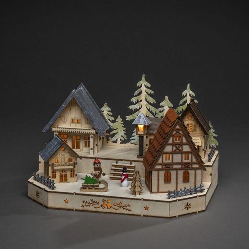 7318303235108 - Weihnachtsdorf KONSTSMIDE Weihnachtsdeko Weihnachtsdörfer Gr B H T 30 cm x 20 cm x 20 cm beige (naturfarben) Weihnachtskrippen Weihnachtsdörfer LED Holzsilhouette Dorf mit Schneemann Kind und Schlitten