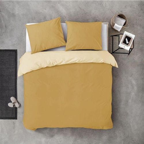 8719023591595 - Bettwäsche 2-tlg - Baumwolle 155x220cm + 80x80cm Set ( Ocher Yellow - White ) Bettbezug Schlafkomfort Bettgarnitur mit Reißverschluss