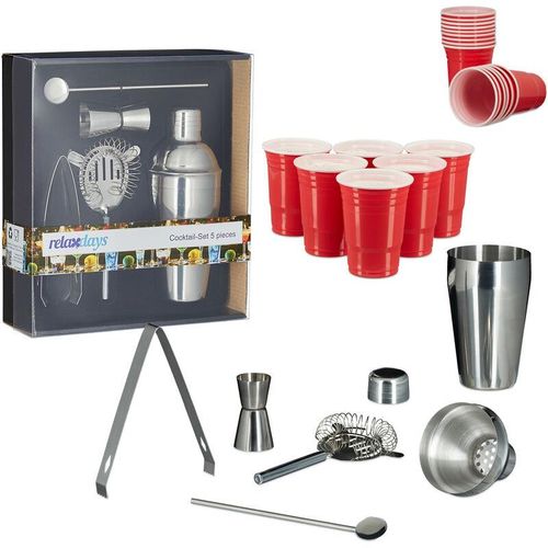 4052025213930 - Relaxdays - 55 teiliges Cocktailset aus Edelstahl inkl Getränkebechern aus Kunststoff Cocktailshaker Barsieb Messbecher Eiswürfelzange