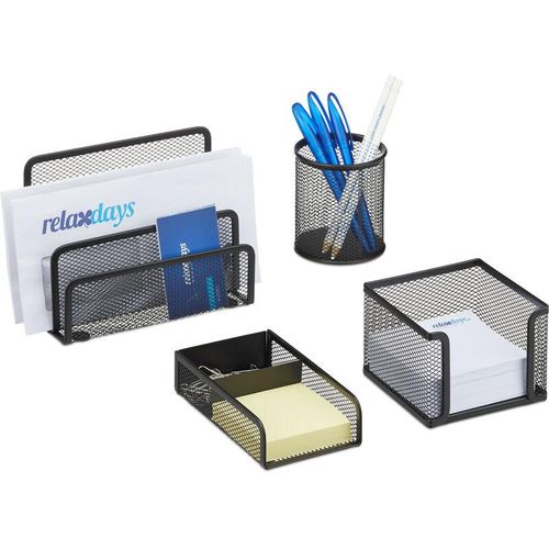 4052025953058 - Schreibtisch Organizer Set 4-teilig Mesh Metall Zubehör mit Briefablage Stiftehalter und Zettelbox schwarz - Relaxdays