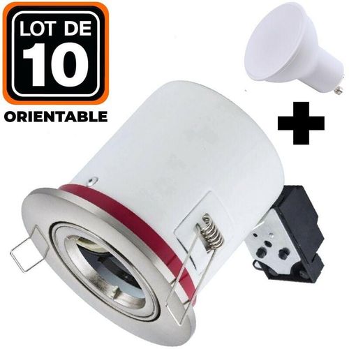 7061111432930 - Europalamp - 10 Spots bbc Orientable inox IP20 + Ampoule GU10 7W Blanc Chaud + Douille