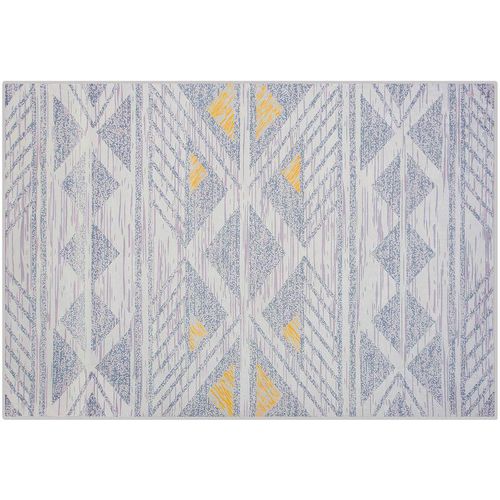 4251682220644 - Beliani - Teppich Grau Gelb Polyester 140 x 200 cm Kurzflor Dreiecke Geometrisches Muster Bedruckt Rechteckig