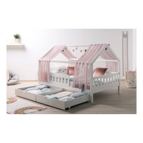 4251105966135 - TiCAA TiCAA Kinderbett Hausbett mit Tüll Kim 90x200 cm 100x200 cm 120x200 cm 140x200 cm für Jungen & Mädchen inkl Rolllattenrost Schubkasten und Rausfallschutz variabel Montessori Bett Weiß aus Kiefer Massivholz