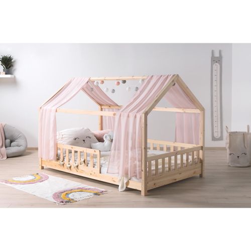 4251105965756 - TiCAA TiCAA Kinderbett Hausbett mit Tüll Kim 90x200 cm 100x200 cm 120x200 cm 140x200 für Jungen & Mädchen inkl Rolllattenrost Rausfallschutz variabel Montessori Bett Natur aus Kiefer Massivholz