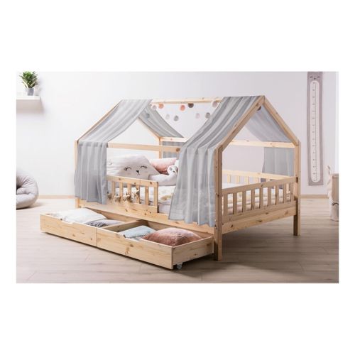 4251105966401 - TiCAA TiCAA Kinderbett Hausbett mit Tüll Kim 90x200 cm 100x200 cm 120x200 cm 140x200 cm für Jungen & Mädchen inkl Rolllattenrost Schubkasten und Rausfallschutz variabel Montessori Bett Natur aus Kiefer Massivholz