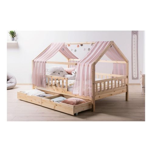 4251105966388 - TiCAA TiCAA Kinderbett Hausbett mit Tüll Kim 90x200 cm 100x200 cm 120x200 cm 140x200 cm für Jungen & Mädchen inkl Rolllattenrost Schubkasten und Rausfallschutz variabel Montessori Bett Natur aus Kiefer Massivholz