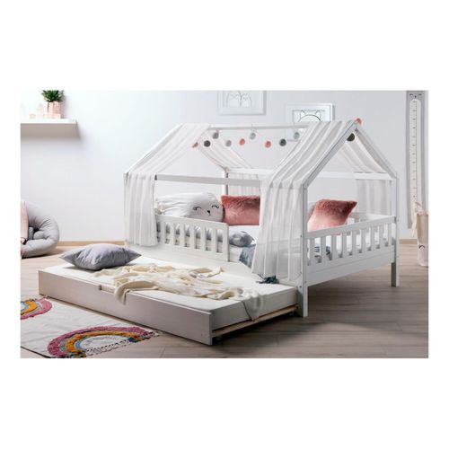4251105966562 - TiCAA TiCAA Kinderbett Hausbett mit Tüll Kim 90x200 cm 100x200 cm 120x200 cm 140x200 für Jungen & Mädchen inkl Rolllattenrost Zusatzbett und Rausfallschutz variabel Montessori Bett weiß aus Kiefer Massivholz 4251105966562 - TiCAA TiCAA Kinderbett Hausbett mit Tüll Kim 90x200 cm 100x200 cm 120x200 cm 140x200 für Jungen & Mädchen inkl Rolllattenrost Zusatzbett und Rausfallschutz variabel Montessori Bett weiß aus Kiefer Massivholz