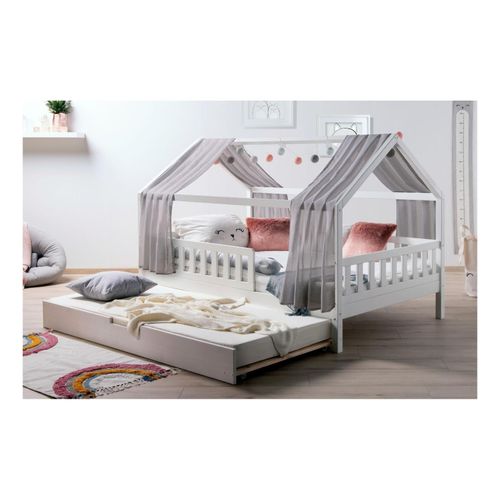 4251105966777 - TiCAA TiCAA Kinderbett Hausbett mit Tüll Kim 90x200 cm 100x200 cm 120x200 cm 140x200 für Jungen & Mädchen inkl Rolllattenrost Zusatzbett und Rausfallschutz variabel Montessori Bett weiß aus Kiefer Massivholz