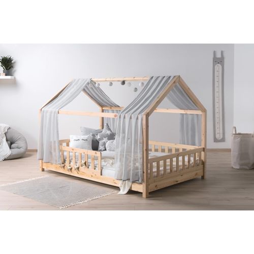 4251105965794 - TiCAA TiCAA Kinderbett Hausbett mit Tüll Kim 90x200 cm 100x200 cm 120x200 cm 140x200 für Jungen & Mädchen inkl Rolllattenrost Rausfallschutz variabel Montessori Bett Natur aus Kiefer Massivholz
