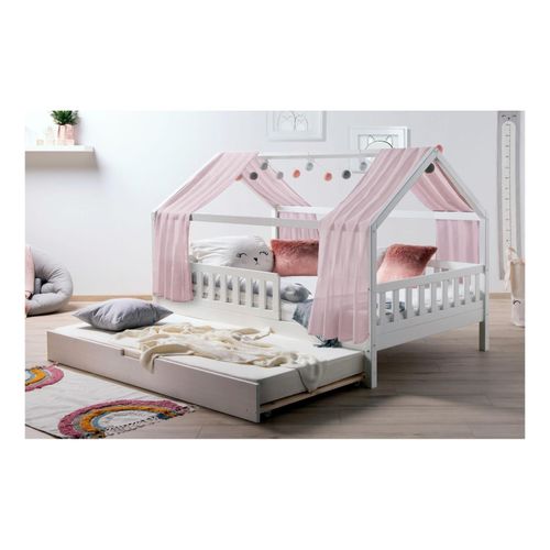 4251105966494 - TiCAA TiCAA Kinderbett Hausbett mit Tüll Kim 90x200 cm 100x200 cm 120x200 cm 140x200 für Jungen & Mädchen inkl Rolllattenrost Zusatzbett und Rausfallschutz variabel Montessori Bett weiß aus Kiefer Massivholz