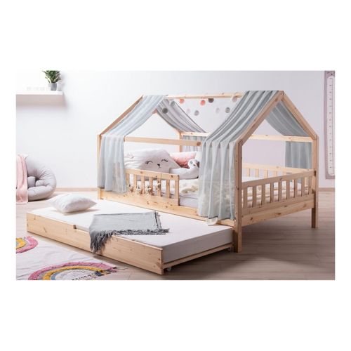 4251105967026 - TiCAA TiCAA Kinderbett Hausbett mit Tüll Kim 90x200 cm 100x200 cm 120x200 cm 140x200 für Jungen & Mädchen inkl Rolllattenrost Zusatzbett und Rausfallschutz variabel Montessori Bett Natur aus Kiefer Massivholz