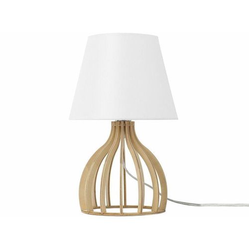 4260586358452 - Beliani - Tischlampe Weiß Holz 36 cm Stoffschirm Lampenfuß in Gitteroptik Kabel mit Schalter Landhausstil