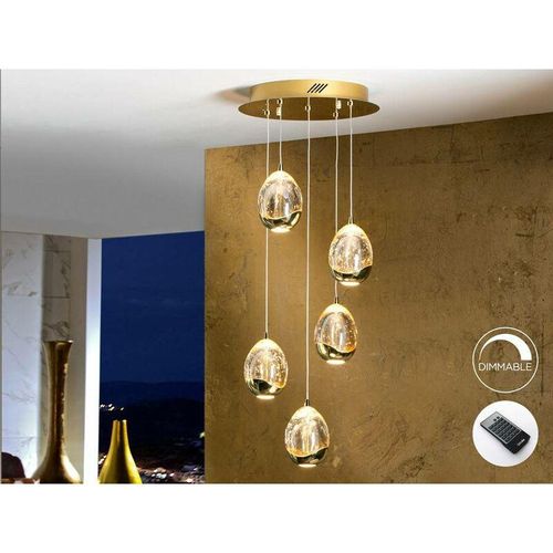 8435435322892 - Schuller Lighting - Schuller Roc - Integrierter led 5 Light Dimmable Crystal Cluster Drop Deckenanhänger mit Fernbedienung Gold