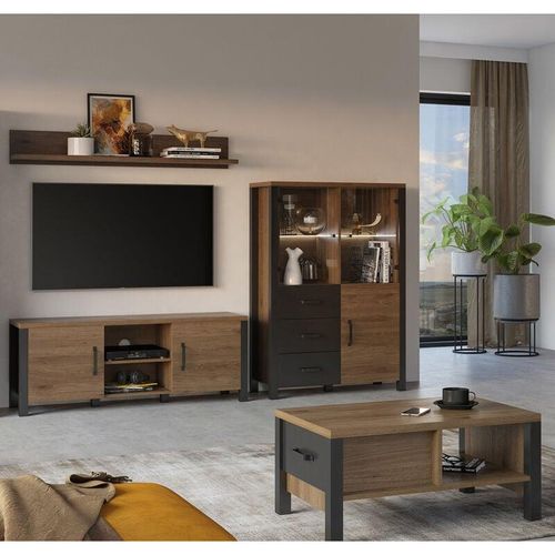 4066075060369 - Wohnzimmer Möbel Set in Okapi Walnuss Nb mit schwarz supermatt ORADEA-83 b h t ca 263 200 43 cm - braun