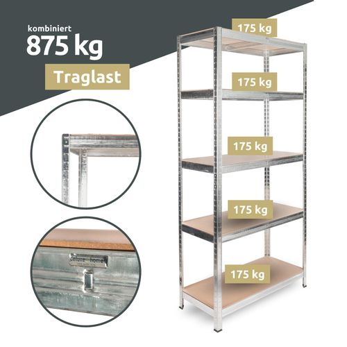 4260750013897 - deluxe4homeÂ® Schwerlastregal 90x40x180cm I belastbar bis 875kg I 5 Ablagen + Haken Schwarz