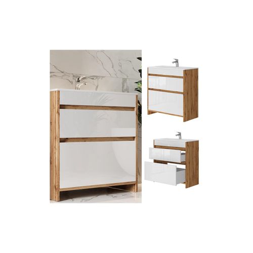4066731415496 - Waschbeckenunterschrank Detmold Goldkraft Eiche 2 Teile Unterschrank 80 cm Vicco