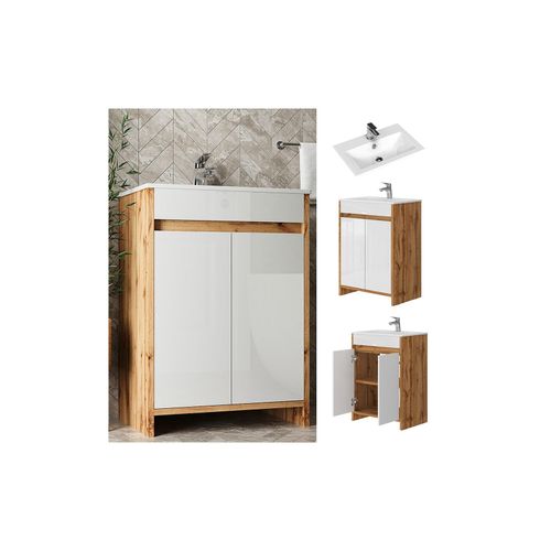 4066731415526 - Waschbecken mit Unterschrank Lemgo Eiche Weiß 60 cm 4066731415526 - Waschbecken mit Unterschrank Lemgo Eiche Weiß 60 cm