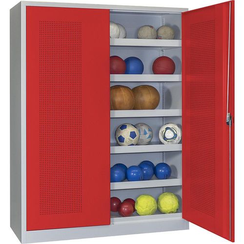 4055955105429 - Ball-Flügeltürschrank Höhe 1950 mm mit Lochblech-Türen Breite 1500 mm grau   rot