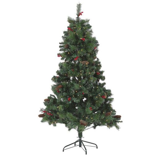 4251682244251 - Beliani - Weihnachtsbaum 180 cm Grün Kunststoff Metall inkl led Beleuchtung Ständer mit Zapfen geschmückt Weihnachten