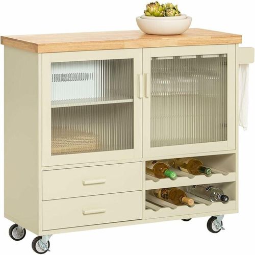 4251388620977 - SoBuy FKW114-MI Design Küchenwagen mit Arbeitsplatte Kücheninsel mit Gewürzregal Küchenschrank Rollwagen Sideboard auf Rollen Küchentrolley Beige BHT