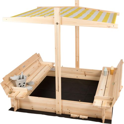 4065827310035 - needs&wants® Sandkasten mit Abdeckung Dach Deckel Sitzbank und Boden Sandkiste Holz quadratisch verschließbar UV-Sonnenschutz mit Bank Outdoor Garten für Kinder 120x120 cm Tanne gelb weiß braun