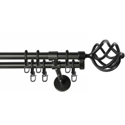 9002777141345 - Gardinenstange GARESA RUSTIKA Gardinenstangen Gr L 190 cm Ø 16 mm 2 läufig schwarz Kinder Gardinenstangen für rustikale Vorhanggarnitur verlängerbar m Ringe Endknopf Korb