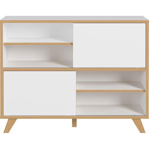 4005949417038 - Schiebetürenregal Helsinki ideal für das Homeoffice aus Holz 2 Türen 4 Fächer mit je 1 Boden Füße B 1200 x T 400 x H 920 mm weiß Eiche-Navarra 4005949417038 - Schiebetürenregal Helsinki ideal für das Homeoffice aus Holz 2 Türen 4 Fächer mit je 1 Boden Füße B 1200 x T 400 x H 920 mm weiß Eiche-Navarra