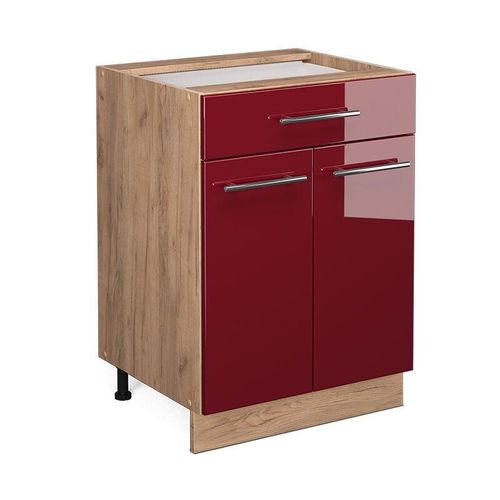 4066731391028 - Küchenunterschrank Fame-Line Bordeaux Hochglanz 60 cm mit Schublade AP Marmor Vicco