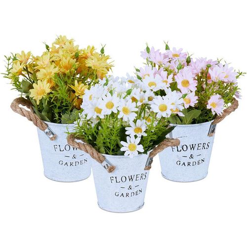 4052025455491 - Relaxdays - Kunstblumen im Topf 3er Set künstliche Pflanzen Chrysanthemen Kunstpflanze HxD 20 x 15 cm gelb weiß rosa