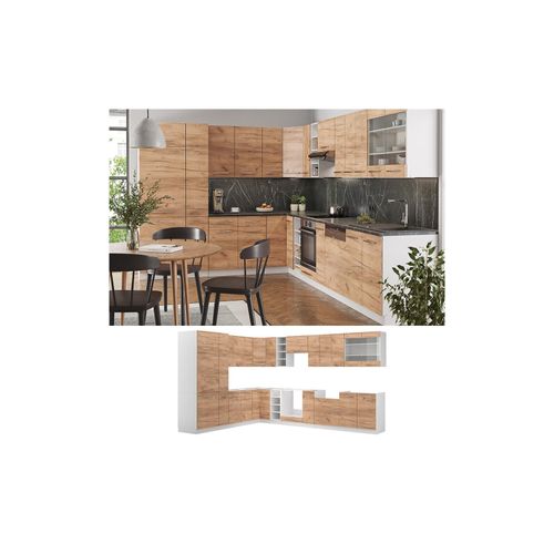 4066731177639 - Eckküche Küchenzeile Einbauküche Fame-Line Weiß Eiche 257x347 cm modern Spülenunterschrank Unterschrank Herdumbauschrank Hängeschrank Kühlumbauschrank Apothekerhochschrank Blende